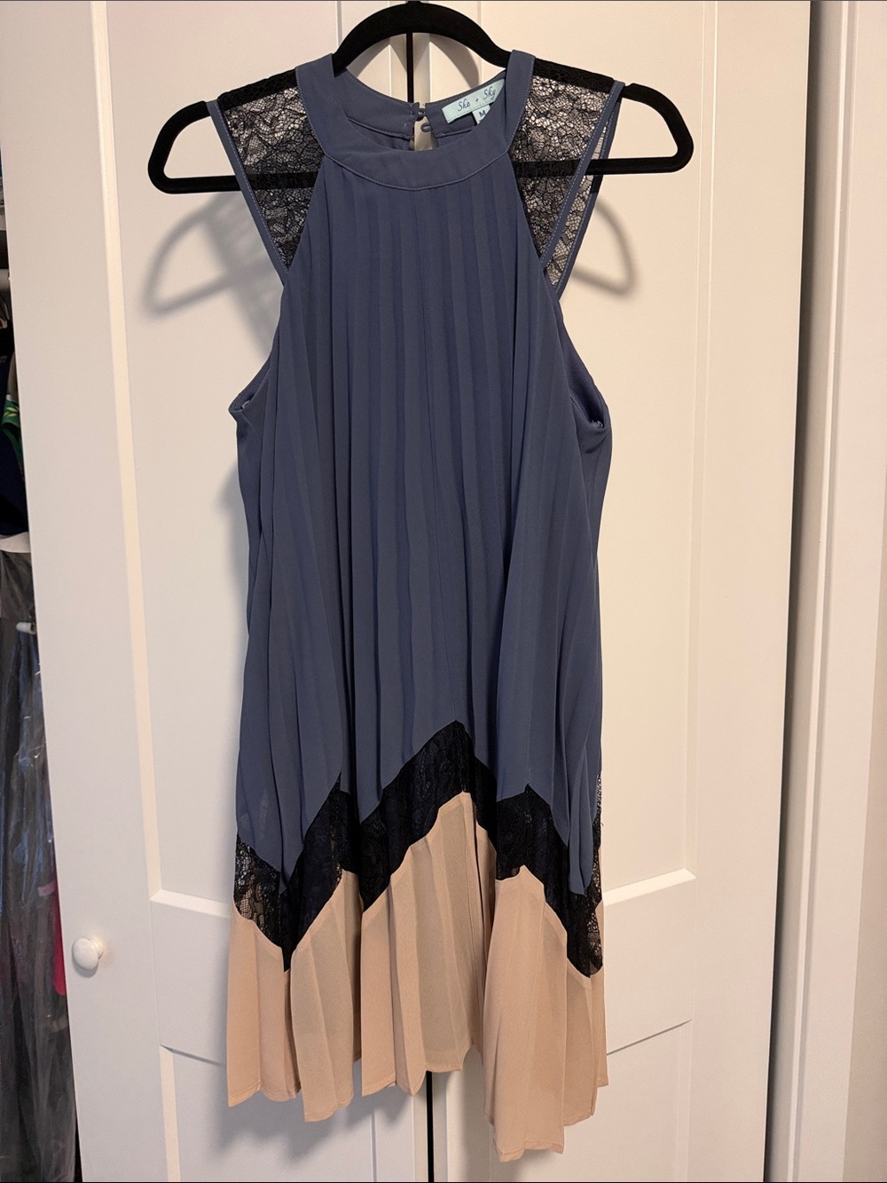 She + Sky Blue and Beige Sleeveless Pleated Tricolor Dress with Black Lace